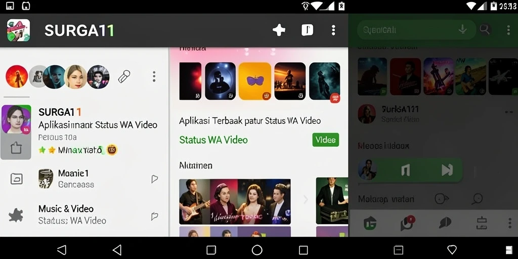 Antarmuka aplikasi SURGA11 menampilkan berbagai pilihan video untuk status WA.