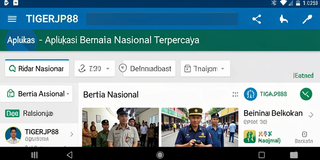 Antarmuka aplikasi TIGERJP88 dengan fitur berita nasional yang lengkap.